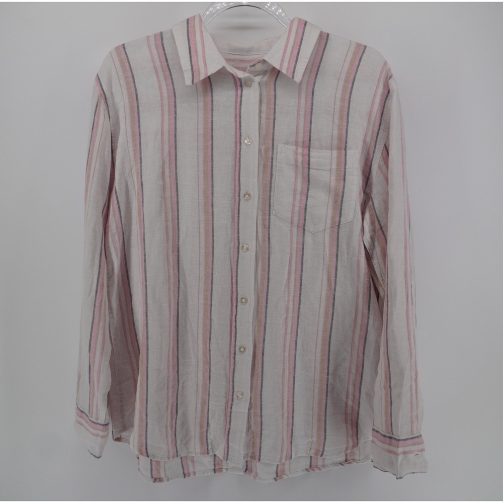 Gap Womens Linen Blend Striped Button Down Shirt Pink Tan White Small Beach